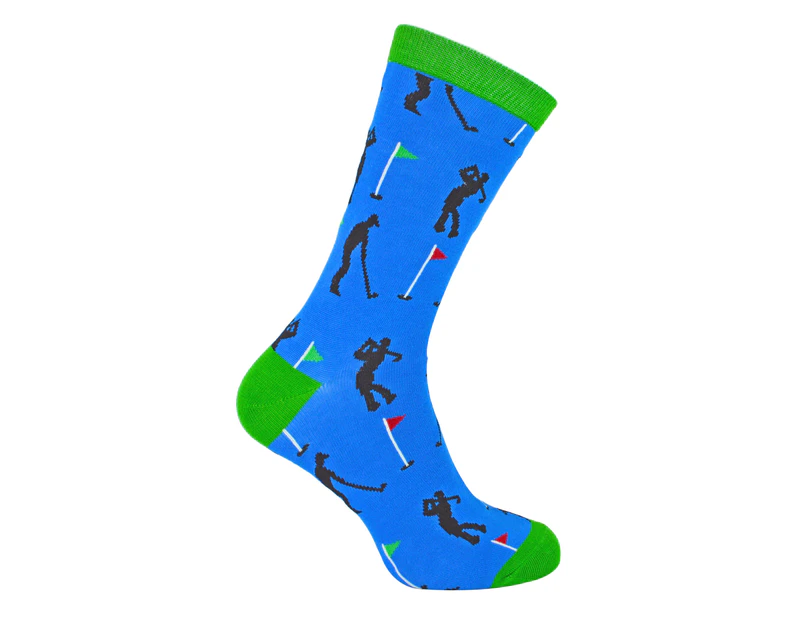 Mens Novelty Funny Golf Socks | Mr Heron | Breathable Crew Fun Patterned Bamboo Dress Socks - Golfers (Blue) - Golfers (Blue)