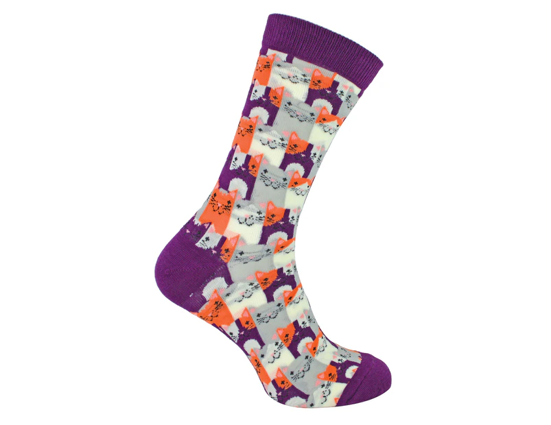 Mens Novelty Cat Socks | Mr Heron | Soft Breathable Funny Animal Design Crew Bamboo Socks - Happy Cat (Purple) - Happy Cat (Purple)