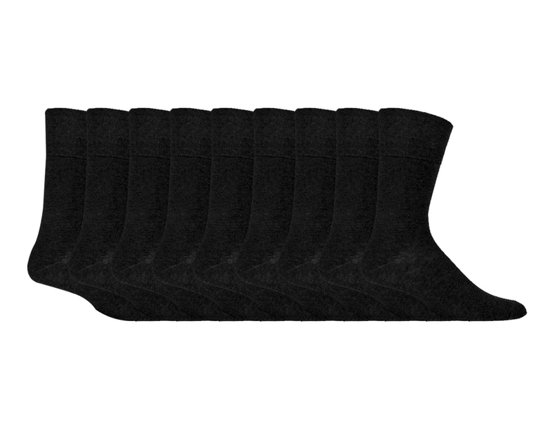 9 Pairs Mens Non Elastic Cotton Socks | Gentle Grip | Soft Loose Top Socks | Diabetic Friendly Socks - Black - Black