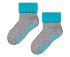 Baby Warm Socks with Grips | Steven | Breathable Lightweight Cute Design Non-Slip Socks | Waves/Paws/Twirls/Hearts Patterns - Grey / Turquoise - Grey / Turquoise