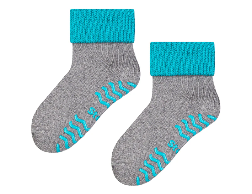 Baby Warm Socks with Grips | Steven | Breathable Lightweight Cute Design Non-Slip Socks | Waves/Paws/Twirls/Hearts Patterns - Grey / Turquoise - Grey / Turquoise