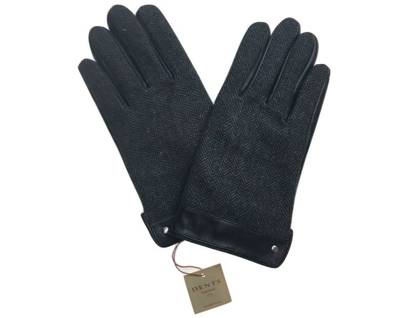 Dents Leather Wool Gloves Fleece Lined Warm Mens Winter Herringbone - Black