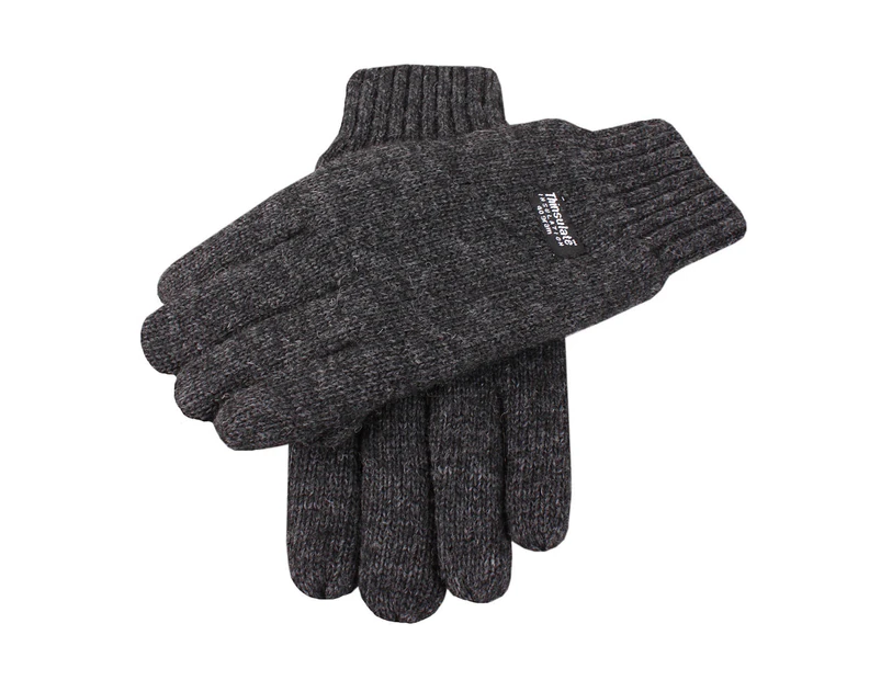 Mens Wool Blend Thinsulate Lined Knitted Gloves - Charcoal Marle