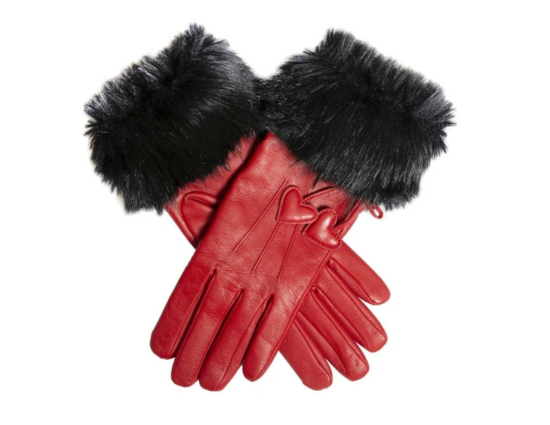 Dents Womens Wool Lined Leather Gloves with Hearts and Faux Fur Cuffs