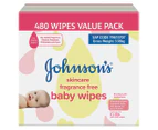 6 x 80pk Johnson's Baby Skincare Fragrance Free Baby Wipes