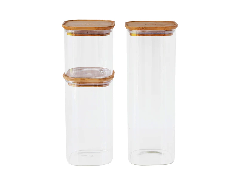 Pebbly Glass Food Storage Container with Bamboo Lid Set of 3 Square Transparent Airtight Storage BPA Free