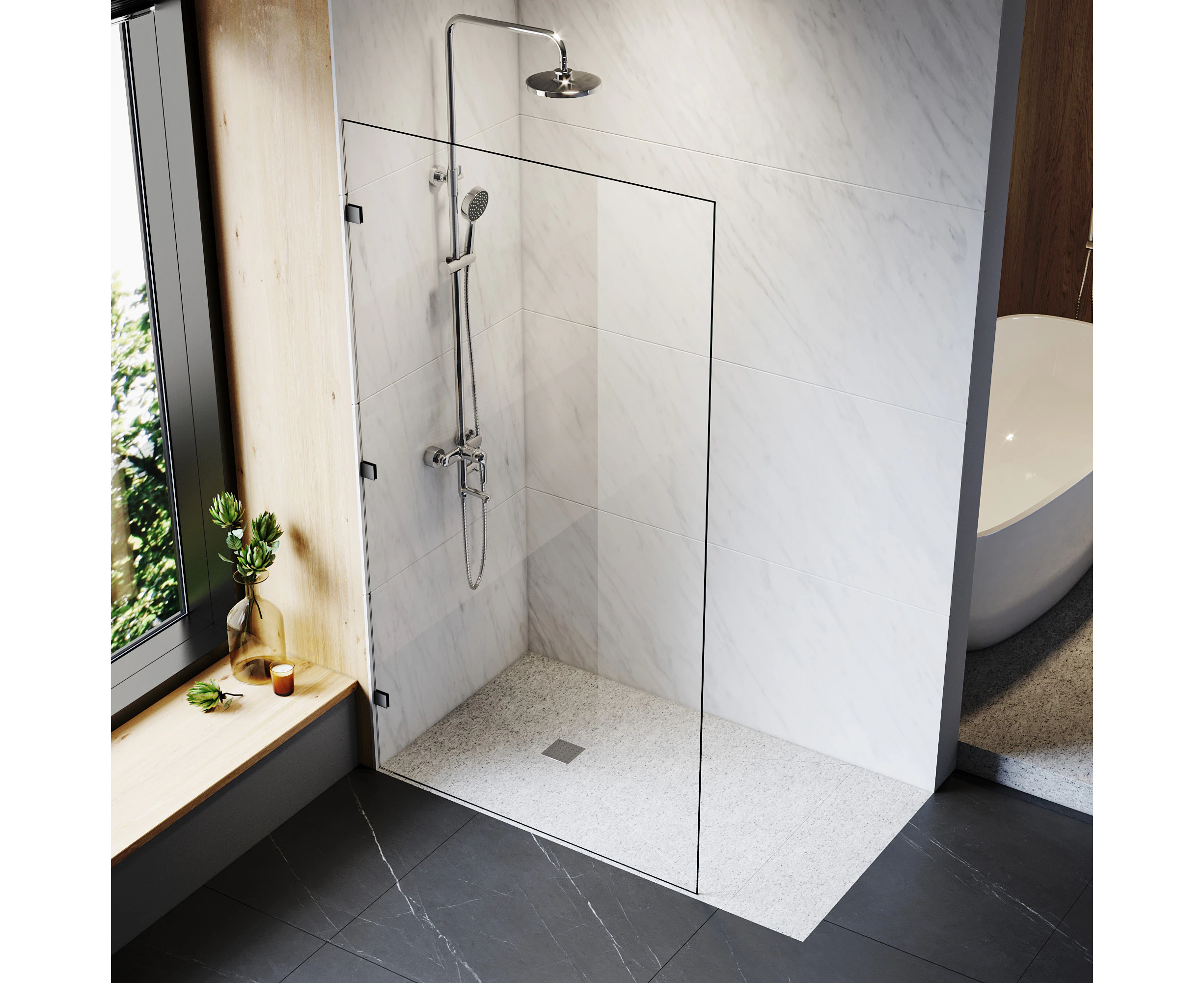 ELEGANT Frameless Walk In Shower Screen Fixed Panel 10mm Toughened Glass Black kit 900x2000mm