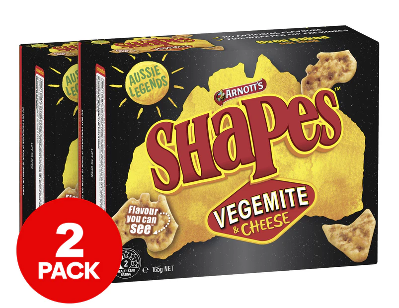 2 x Arnott's Shapes Originals Cracker Biscuits Vegemite & Cheese 165g