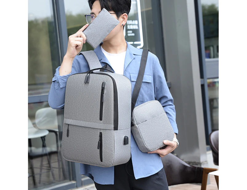 3-Piece Set Large Capacity Laptop Backpack Fits up to 15.6 Inch Laptop with USB Charging Port - Grey