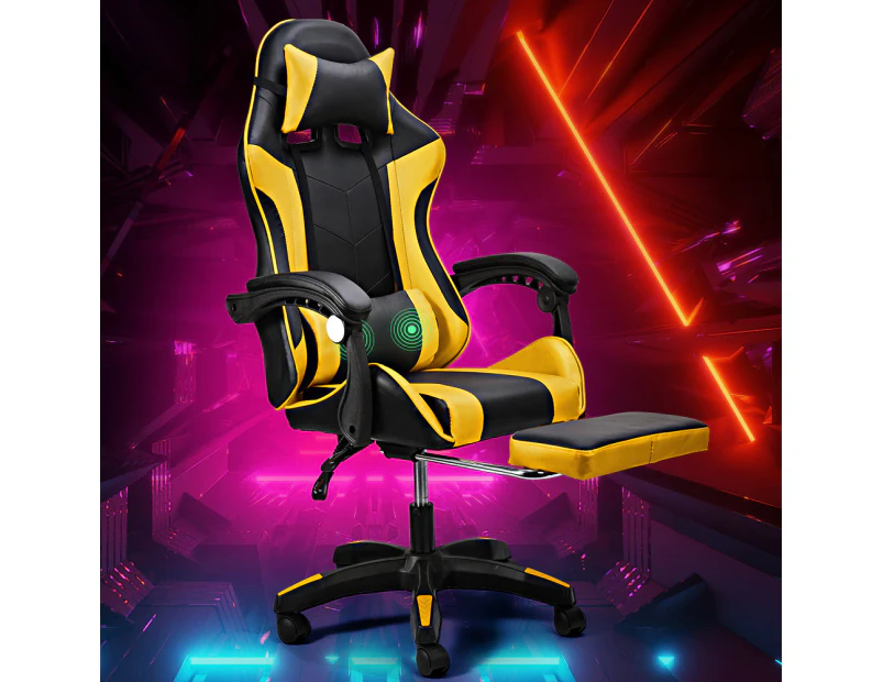 Furb Gaming Chair Two Point Massage Lumbar Racing Recliner Leather Office Chair Yellow