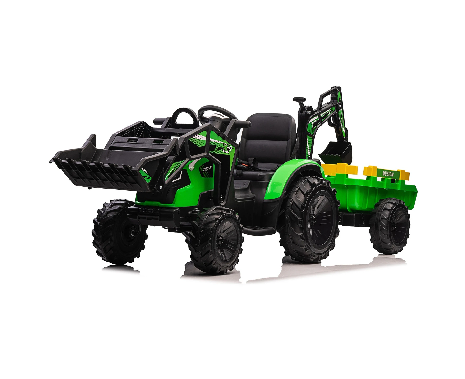 12V Ride on tractor 2 in 1 with Trailer and excavator - Green