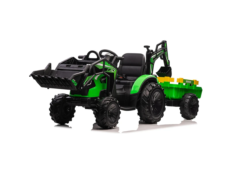 12V Ride on tractor 2 in 1 with Trailer and excavator - Green