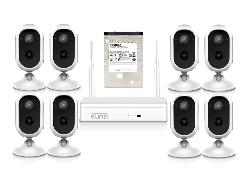 Elinz Wireless Home Battery Security 1080P HD WiFi 8x Camera CCTV System 8CH NVR Indoor Outdoor 1TB HDD