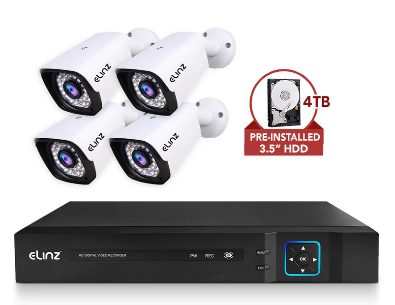 Elinz 4CH AHD 1080P HD Video & Audio Recording CCTV Surveillance DVR 4x Outdoor Bullet Security Camera System 4TB HDD
