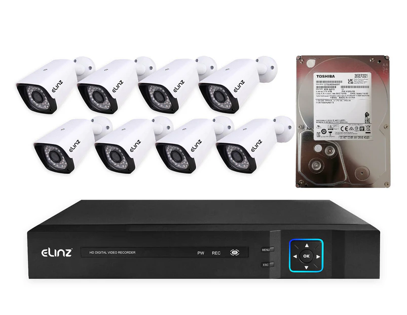 Elinz 8CH AHD 1080P HD Video & Audio Recording CCTV Surveillance DVR 8x Outdoor Bullet Security Camera System 4TB HDD