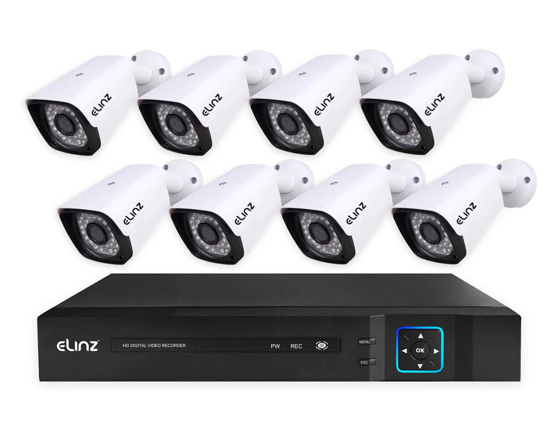 Elinz 8CH AHD 1080P HD Video & Audio Recording CCTV Surveillance DVR 8x Outdoor Bullet Security Camera System No HDD