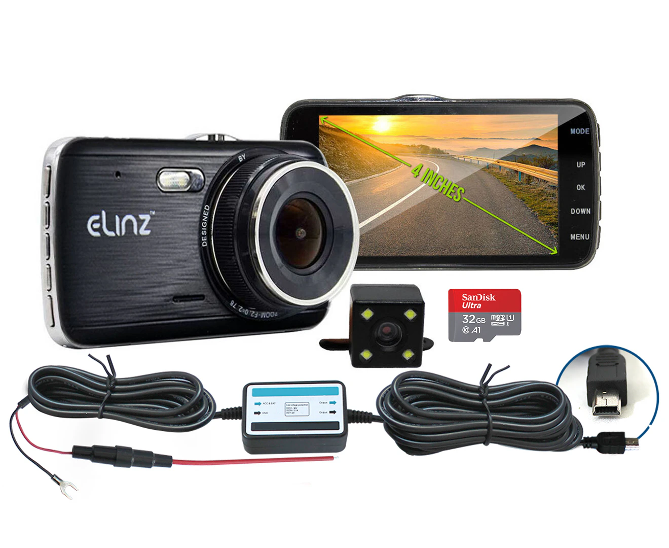 Elinz Dash Cam Dual Camera Reversing Recorder Car DVR Video FHD 1296P 4" LCD Hardwire Kit 32GB