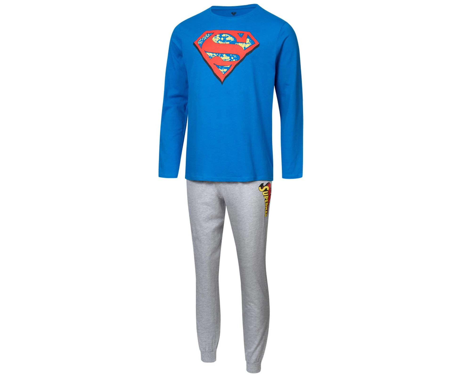 Mens Superman Pyjamas Pyjama Tracksuit Adult Super Man Sleep Set - Blue/Grey