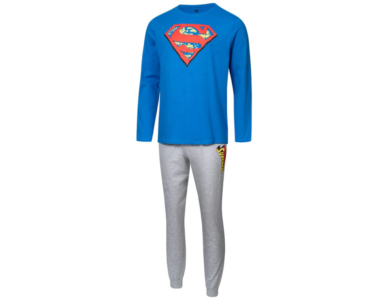 Mens Superman Pyjamas Pyjama Tracksuit Adult Super Man Sleep Set - Blue/Grey