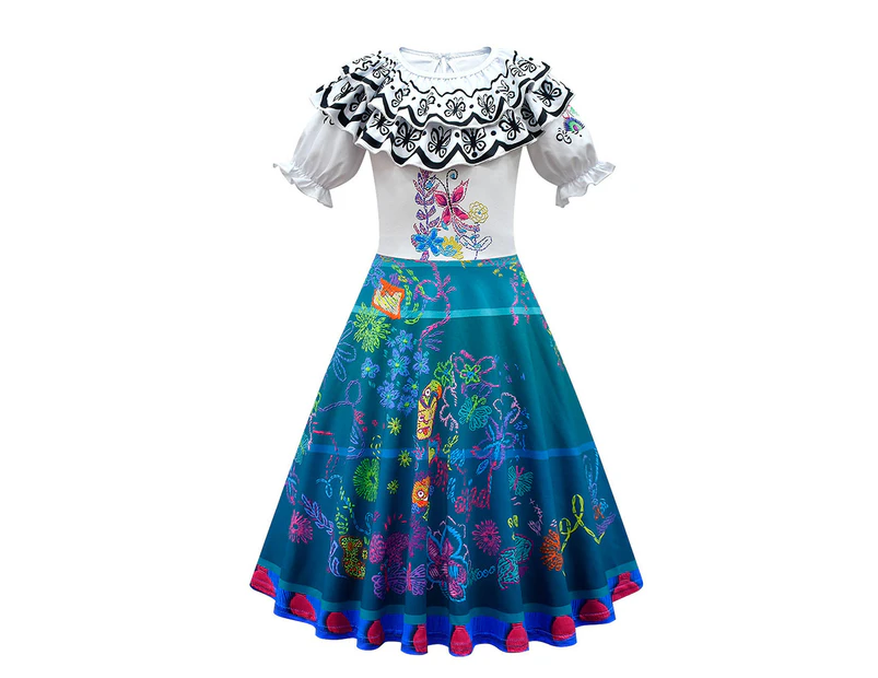 Kids Girls Encanto Mirabel Cosplay Costume Short Sleeve Swing Midi Dress Party Role Play
