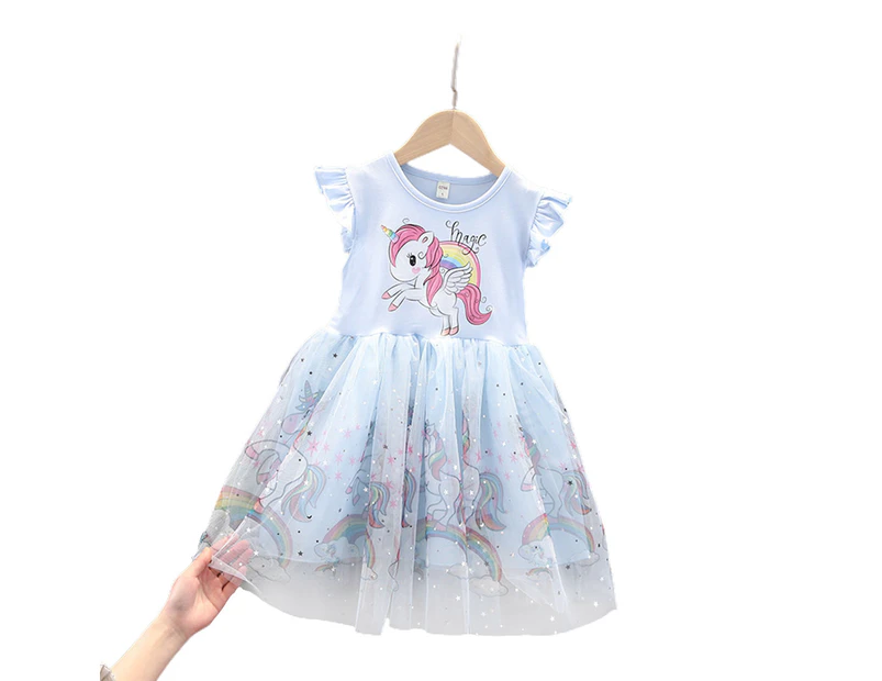Kids Girl Unicorn Summer Princess Flutter Sleeve Tutu Tulle Dress Party Birthday Sundress - Blue