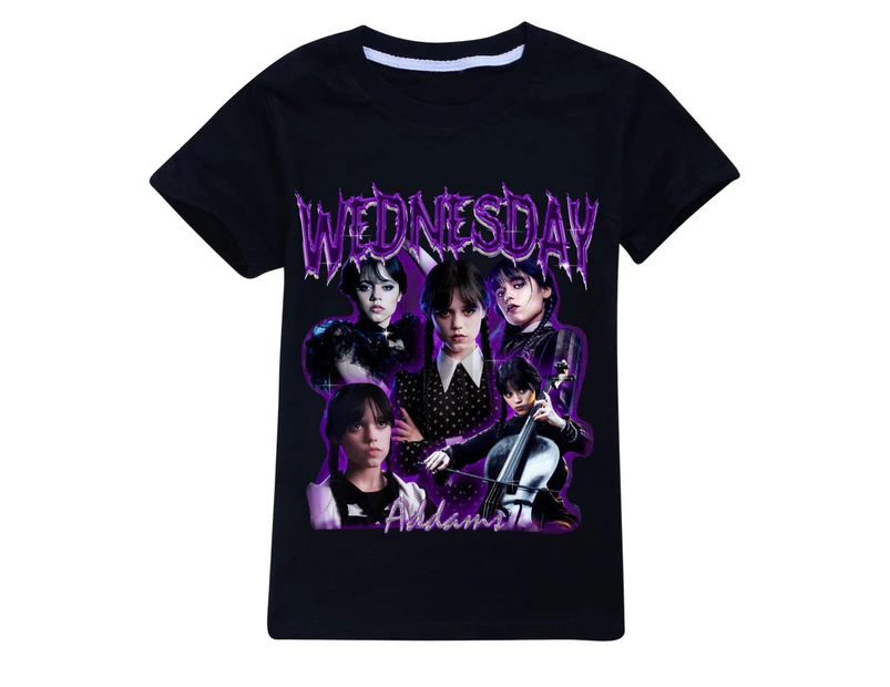 Kids Girls Wednesday Addams Print Short Sleeve T-shirt - Black