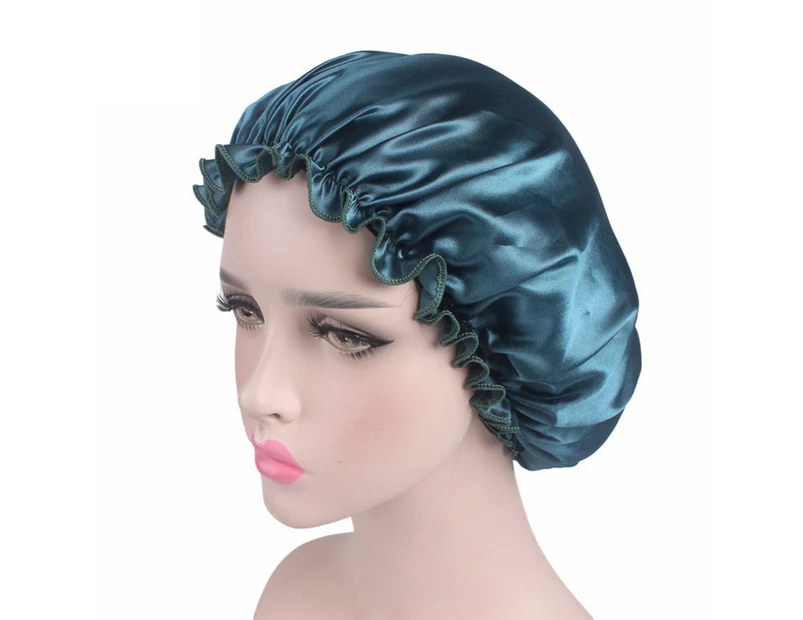 Fufu Solid Color Soft Satin Sleeping Cap Night Sleep Hat Hair Care Elastic Bonnet-Peacock Blue