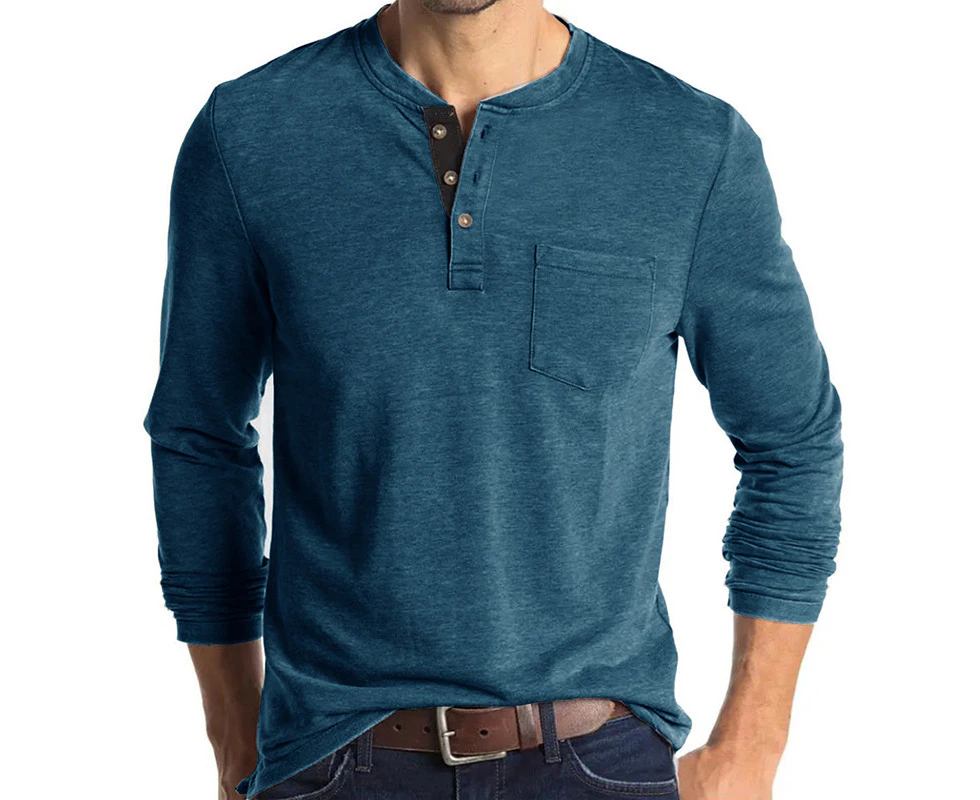 Mens Long Sleeve Henley Shirts with Pockets Button Down Casual Shirts Undershirts Baselayer Shirts for Men-Blue