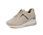 Strapsco Womens Wedge Sneaker Hidden Lace-up Breathable Casual Shoes-Beige