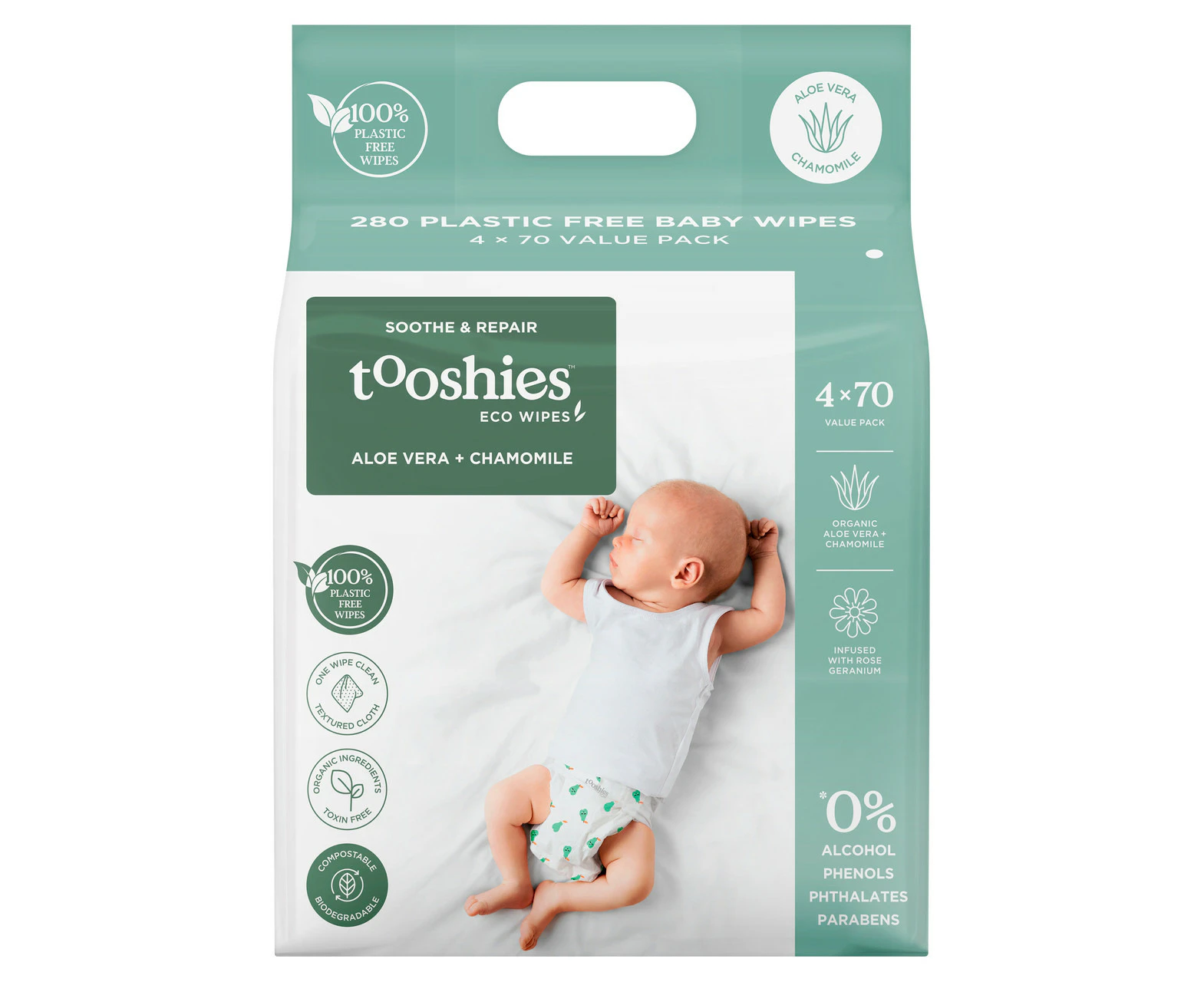 tooshies ECO Wipes Aloe Vera & Chamomile 280 Baby Wipes 4 x 70 Pk