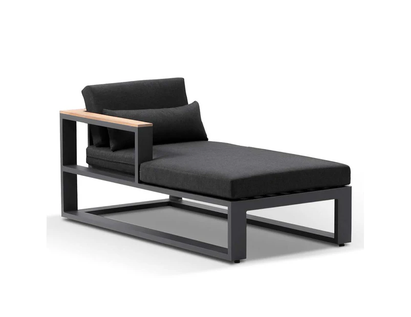 Outdoor Balmoral Outdoor Aluminium And Teak Timber Daybed Chaise Lounge - Outdoor Daybeds - Left Side Chaise - Charcoal Aluminium with Denim Grey Cushions