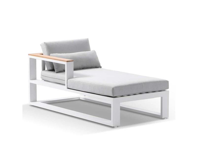 Outdoor Balmoral Outdoor Aluminium And Teak Timber Daybed Chaise Lounge - Outdoor Daybeds - Left Side Chaise - White Aluminium with Textured Grey Cushions