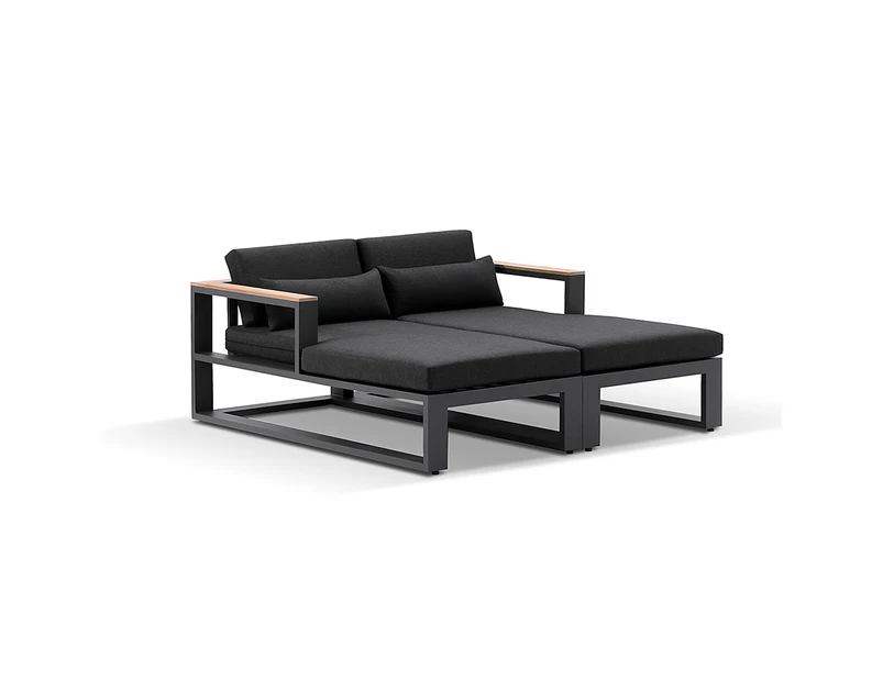 Outdoor Balmoral Outdoor Aluminium And Teak Timber Daybed Lounge - Outdoor Daybeds - Charcoal Aluminium with Denim Grey Cushions