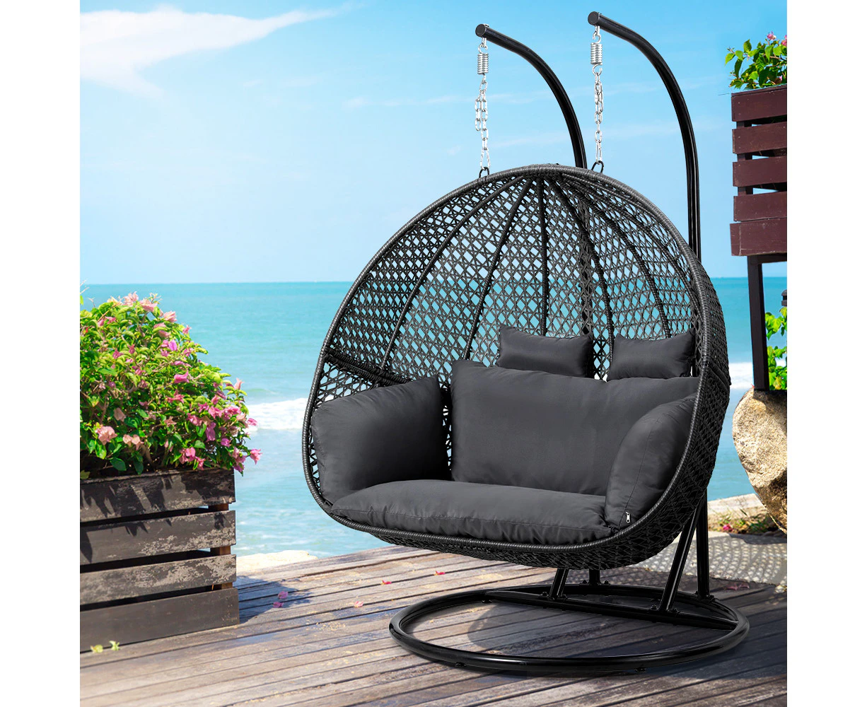 Gardeon Outdoor Egg Swing Chair Hanging Pod Chair Wicker Cushion 2 Person Grey