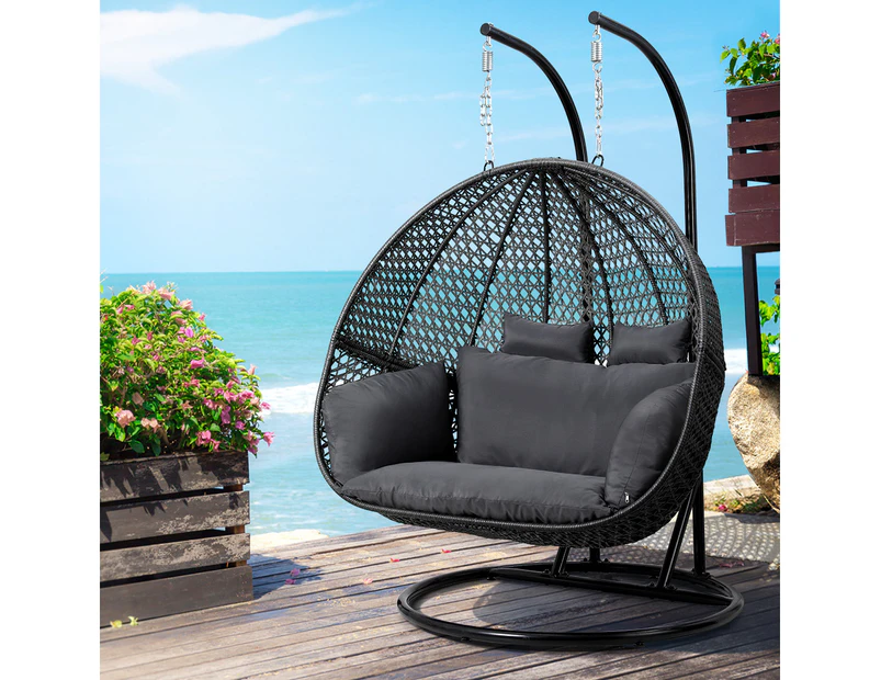Gardeon Outdoor Egg Swing Chair Hanging Pod Chair Wicker Cushion 2 Person Grey