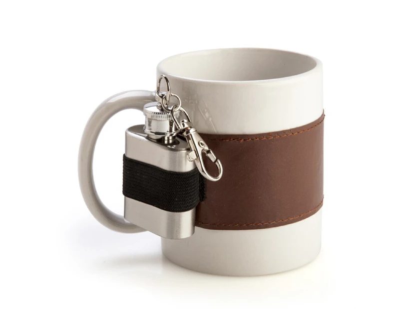 Novelty Extra Shot Coffee Mug with Mini Keychain Flask - White, Brown, Silver
