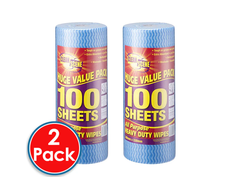 2 x Clean Scene All Purpose Heavy Duty Wipes Cleaners Blue 100 Pack 300 x 330mm