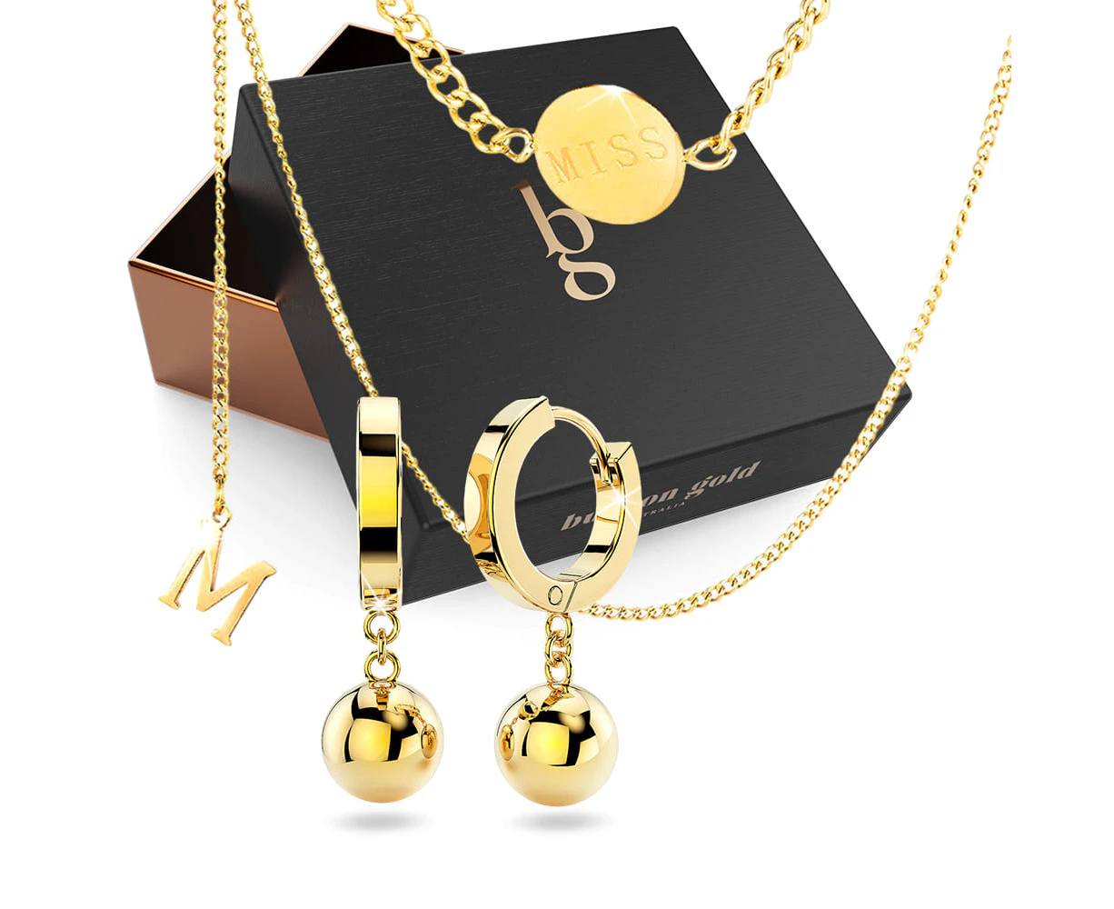 Boxed Miss Letter M Necklace with Brilliant Ball Huggie Earrings in Gold