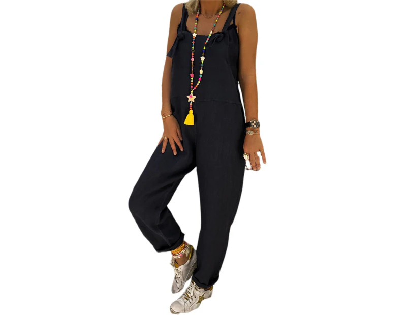 Women Ladies Dungarees Overalls Playsuit Trousers Loose Baggy Casual Linen Look Jumpsuit - Black