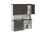 Uniform Small 2 Filing Drawer and Open Storage Unit - Hutch with Doors - White, dark oak, silver handle