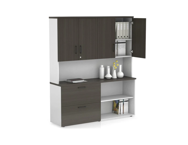 Uniform Small 2 Filing Drawer and Open Storage Unit - Hutch with Doors - White, dark oak, black handle