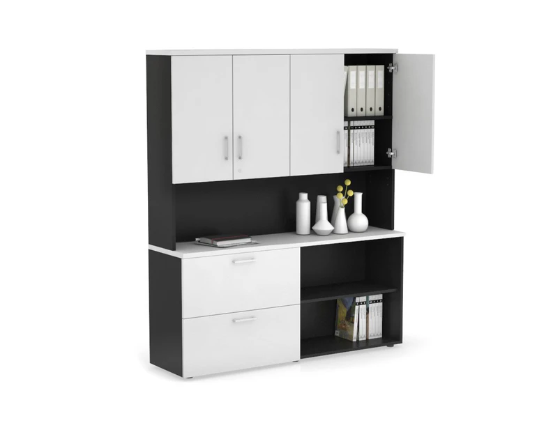 Uniform Small 2 Filing Drawer and Open Storage Unit - Hutch with Doors - Black, white, white handle
