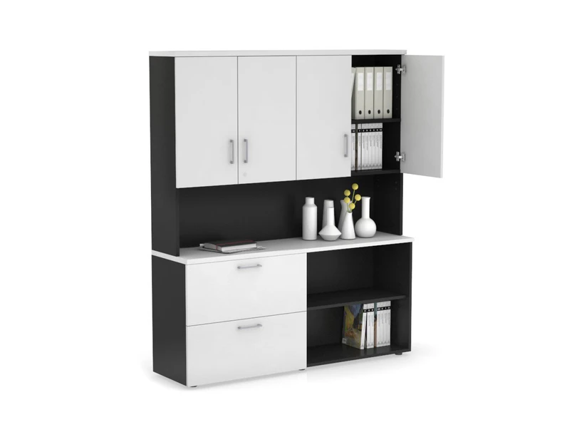 Uniform Small 2 Filing Drawer and Open Storage Unit - Hutch with Doors - Black, white, silver handle