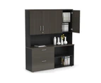 Uniform Small 2 Filing Drawer and Open Storage Unit - Hutch with Doors - Black, dark oak, silver handle