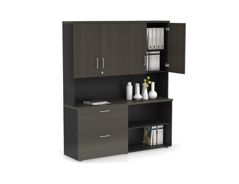 Uniform Small 2 Filing Drawer and Open Storage Unit - Hutch with Doors - Black, dark oak, silver handle