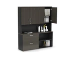 Uniform Small 2 Filing Drawer and Open Storage Unit - Hutch with Doors - Black, dark oak, white handle