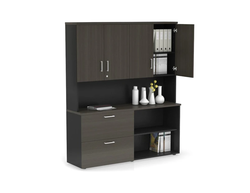 Uniform Small 2 Filing Drawer and Open Storage Unit - Hutch with Doors - Black, dark oak, white handle