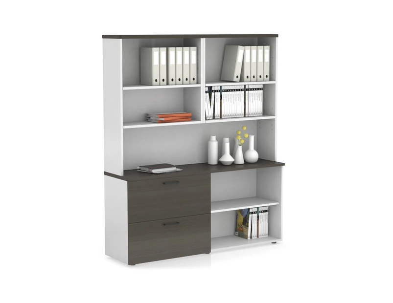 Uniform Small 2 Filing Drawer and Open Storage Unit with Open Hutch - White, dark oak, black handle