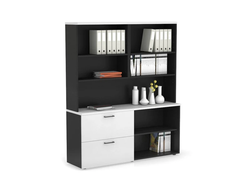 Uniform Small 2 Filing Drawer and Open Storage Unit with Open Hutch - Black, white, black handle