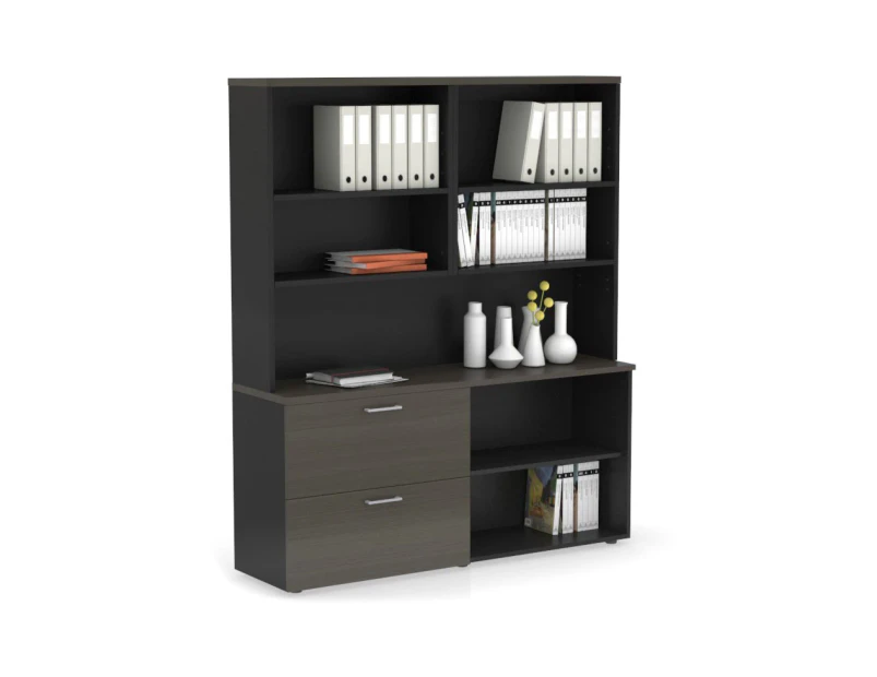 Uniform Small 2 Filing Drawer and Open Storage Unit with Open Hutch - Black, dark oak, silver handle